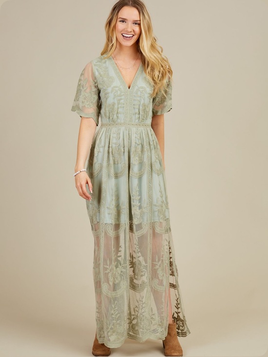 Altar'd State Dresses & Skirts - Altar'd State Sage Green Embroidered V-Neck Maxi Dress